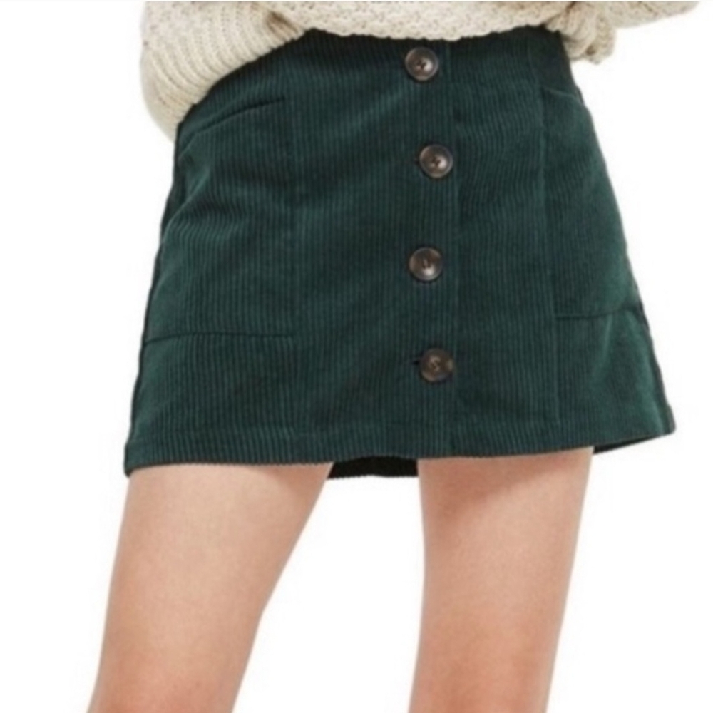 Topshop Dark Green Corduroy Button Front Mini Skirt